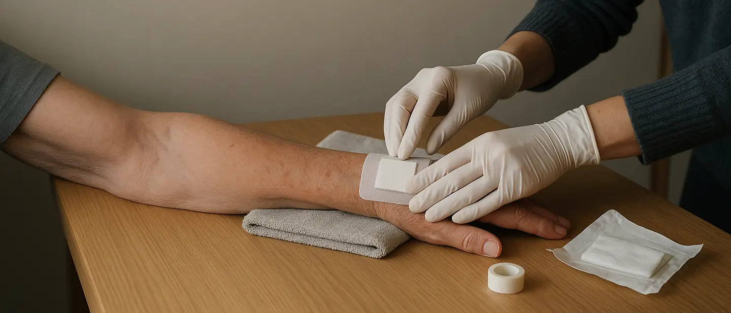 Des mains gantées posent un pansement sur l'avant-bras d'un patient, sur une table de cuisine