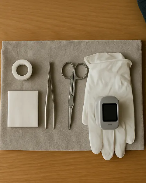 La trousse de soins posée à plat sur un torchon, vue de dessus